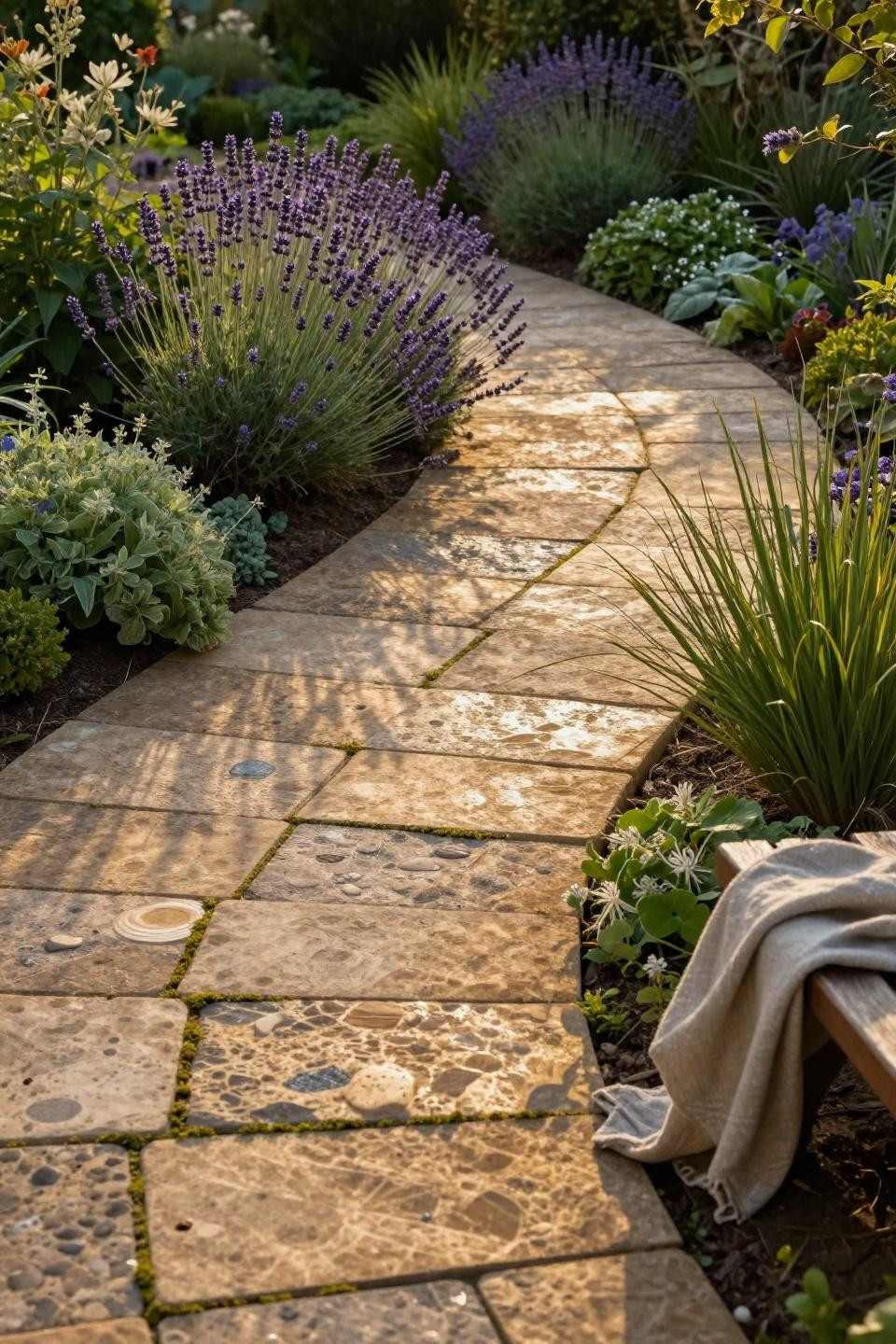 Garden walkway ideas with hand-laid travertine pavers showing fossil impressions bordered by mature lavender