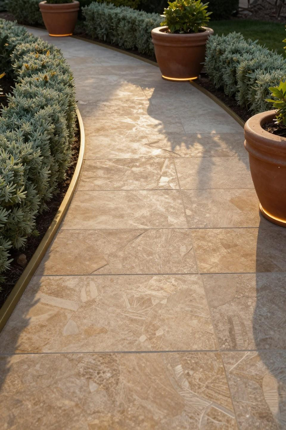Backyard pathway featuring large-format travertine pavers with flush brass-edged border lighting and low sage hedging