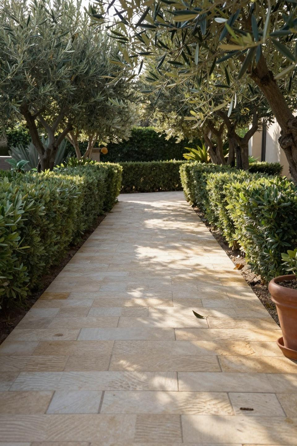 Garden walkways pathways with pale travertine pavers in running bond pattern showing water-worn ripple texture