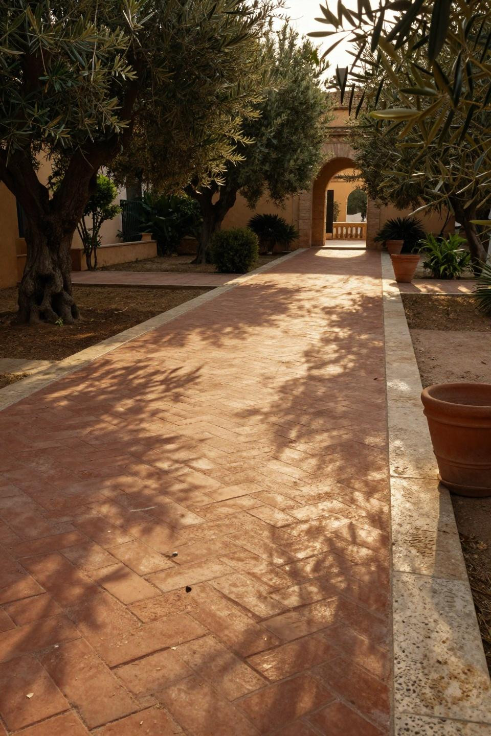 Outdoor walkway ideas featuring aged terra cotta pavers in herringbone pattern with travertine edging