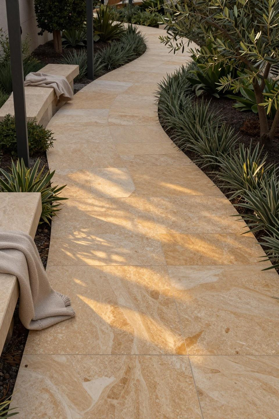 Garden pathway ideas with honey travertine pavers showing natural fossil patterns winding through contemporary landscape