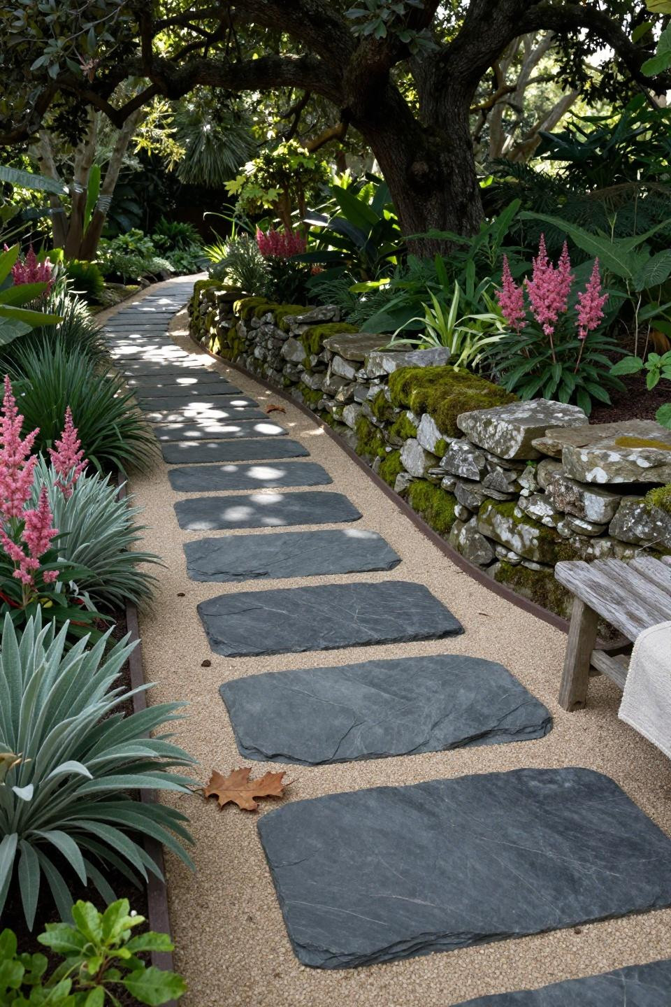 Garden walkway with irregular charcoal slate stepping stones mortared with cream sand winding through shade garden