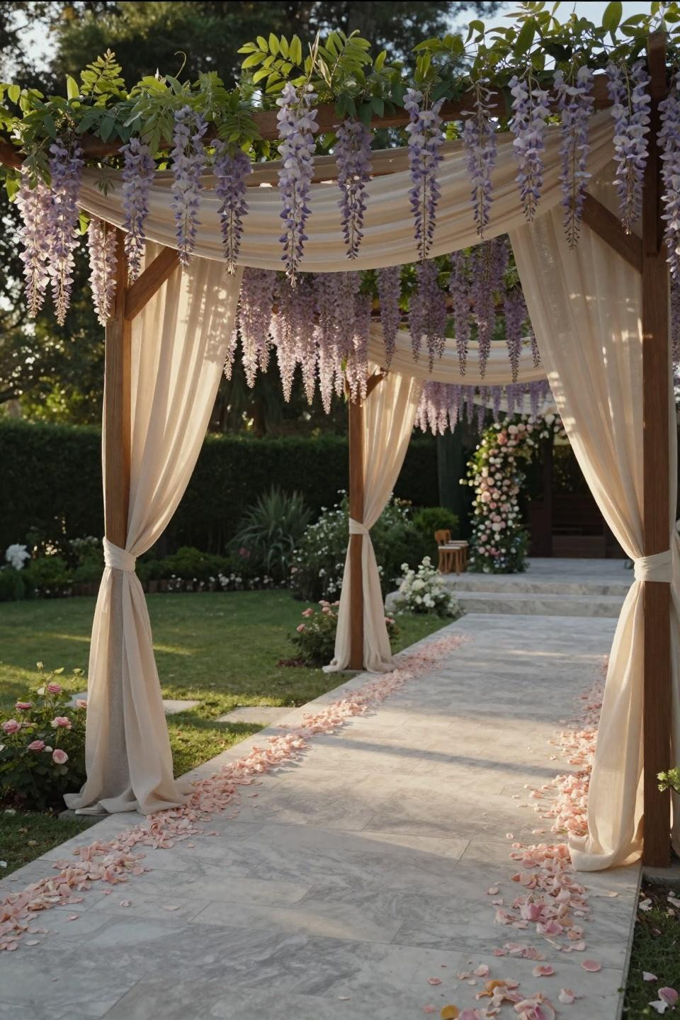 Wedding entrance decor walkways with cream linen and wisteria garland overhead