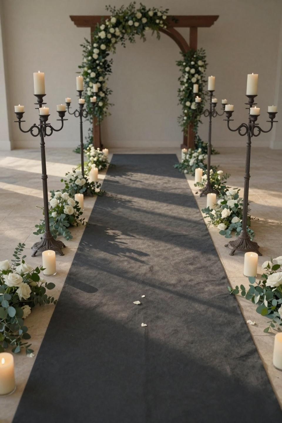 Wedding walkway ideas with wrought-iron candelabras and dark grey fabric runner