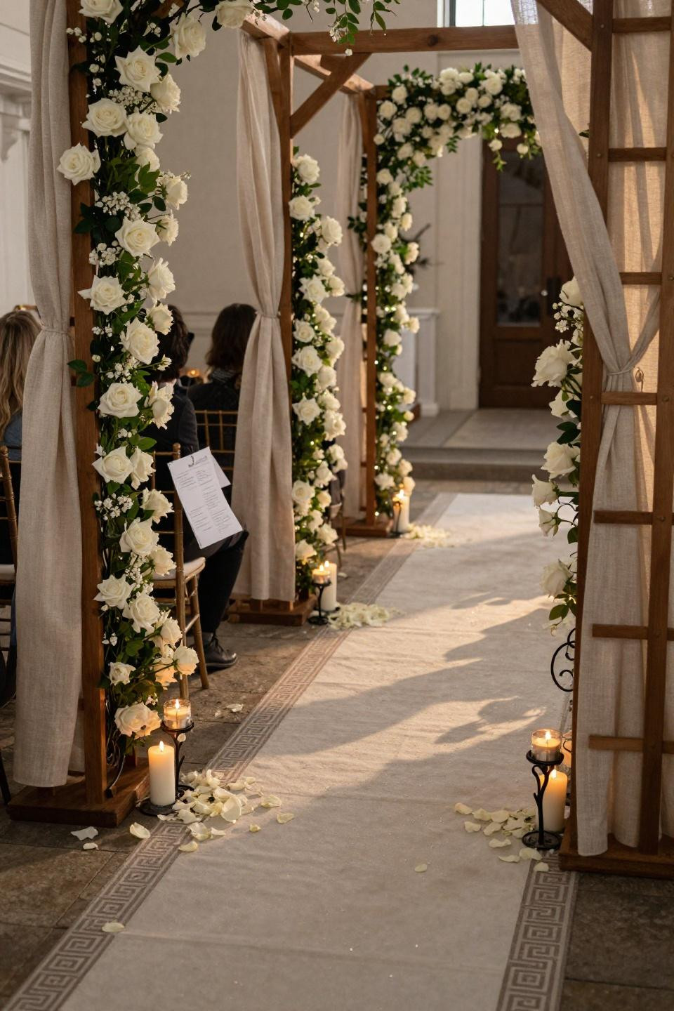 Outdoor wedding aisle ideas with wooden trellises and cascading white roses