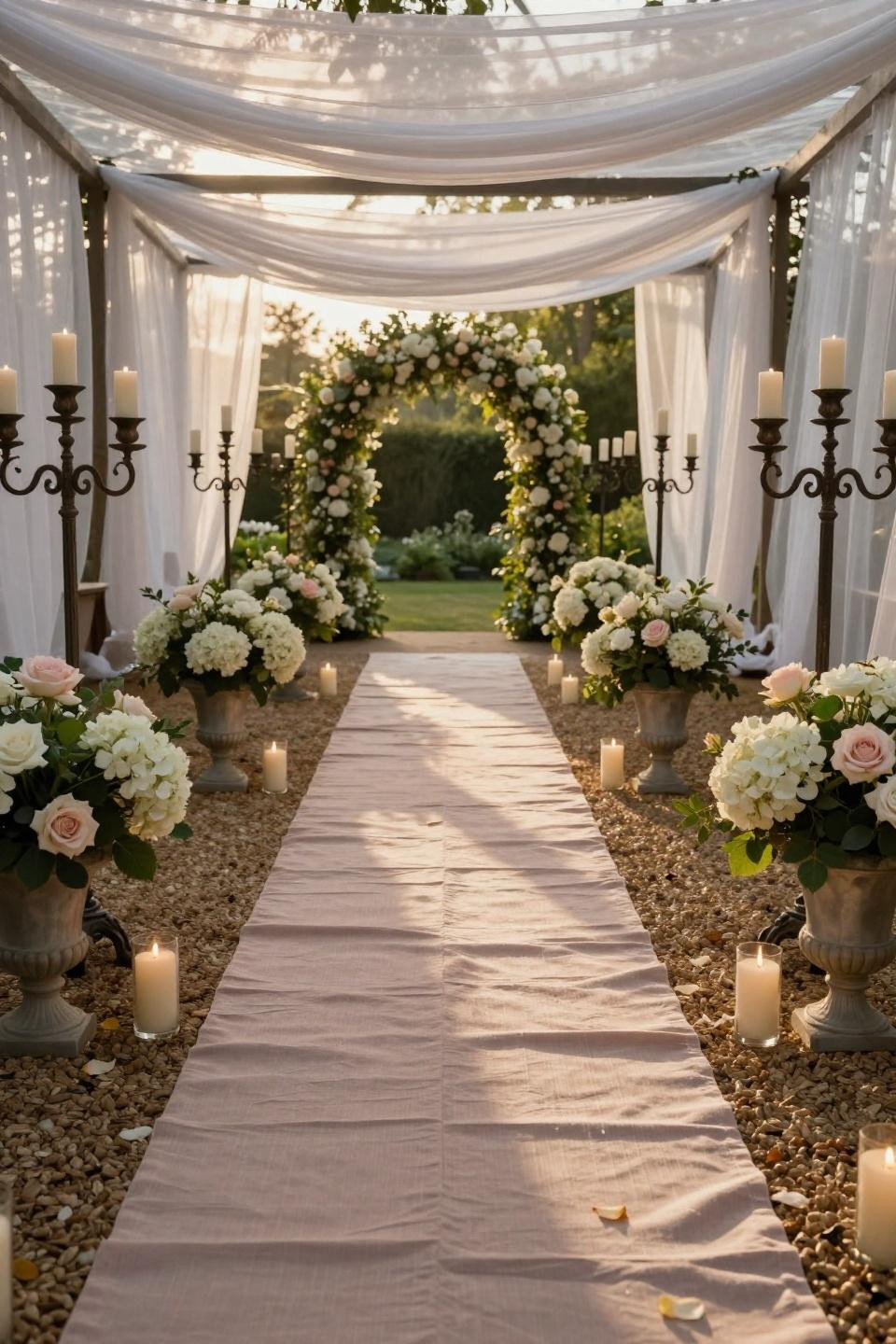 Wedding reception backdrop style with honey gravel and wrought-iron fixtures