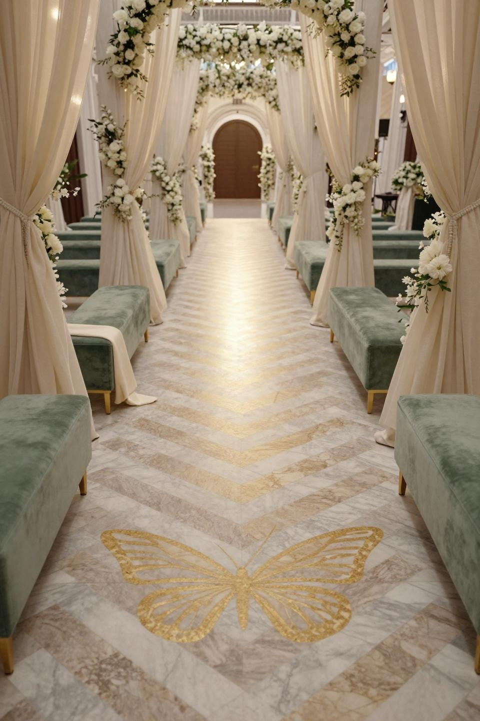 Wedding entrance decor walkways with chevron marble and cream linen posts