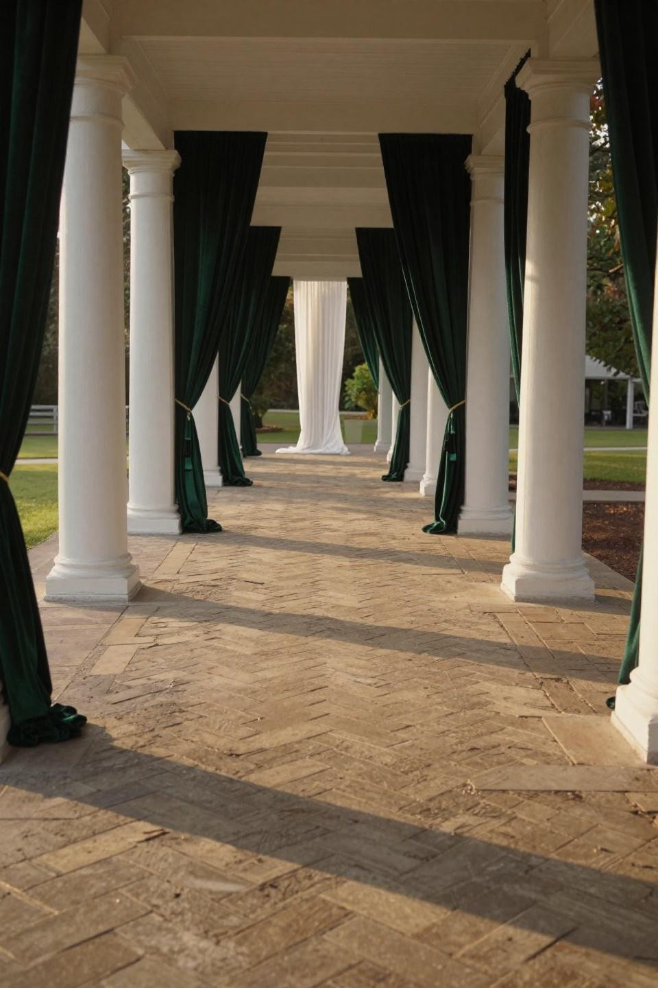 Pathway decor wedding featuring herringbone limestone and emerald green velvet