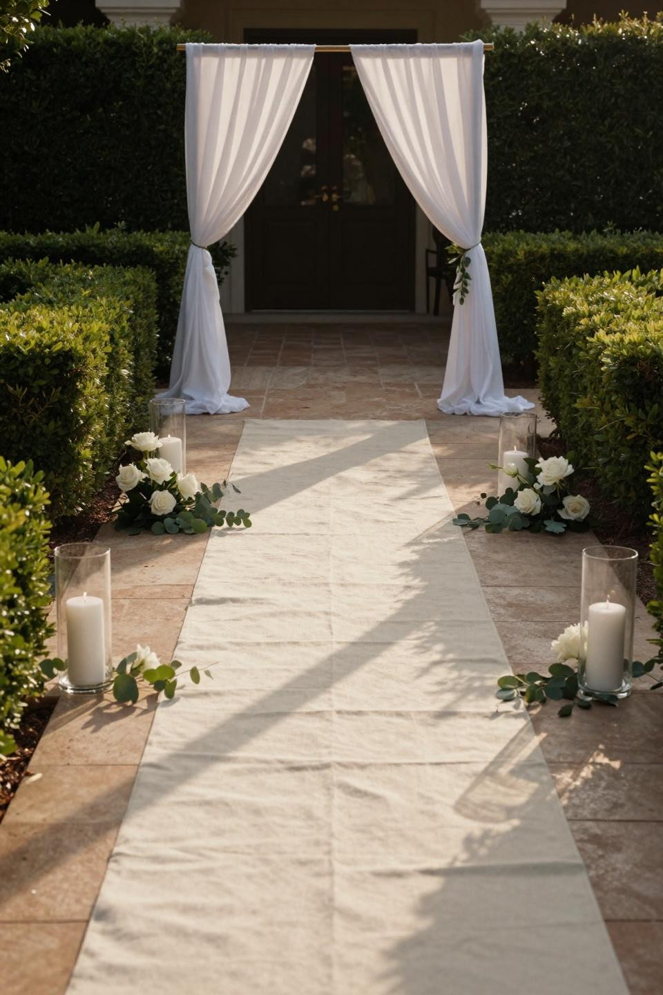 Wedding pathway decor with cream linen and white pillar candles in hurricanes