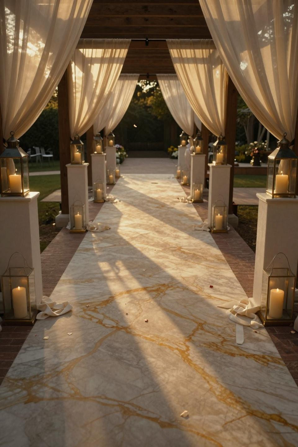 Outdoor wedding entrance with Calacatta Gold marble and linen-wrapped posts