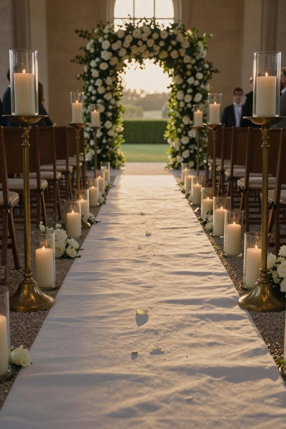 Wedding walkway outdoor with pale gravel and antique brass ceremonial stands