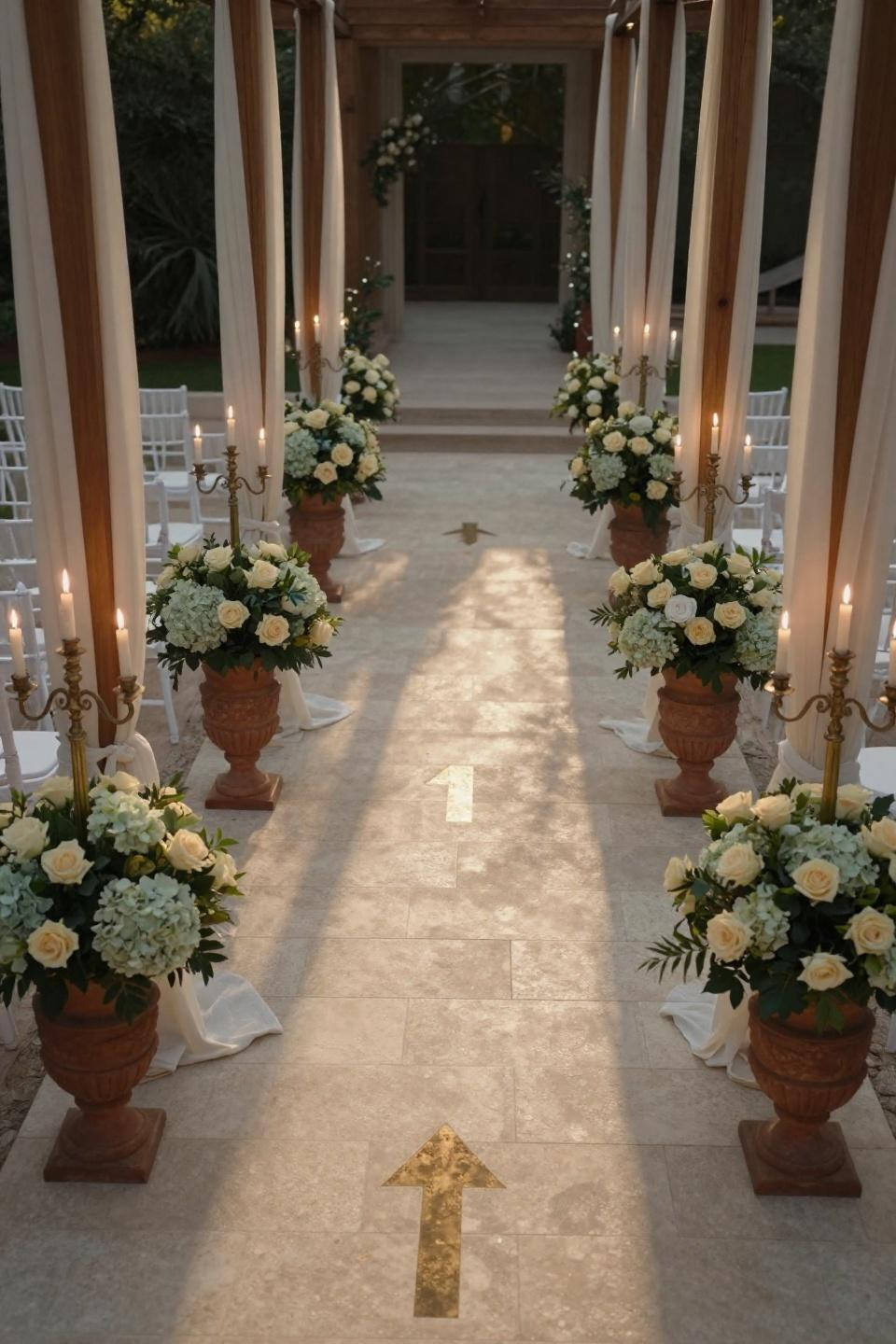 Wedding walkway ideas with timber posts wrapped in ivory silk creating tunnel effect