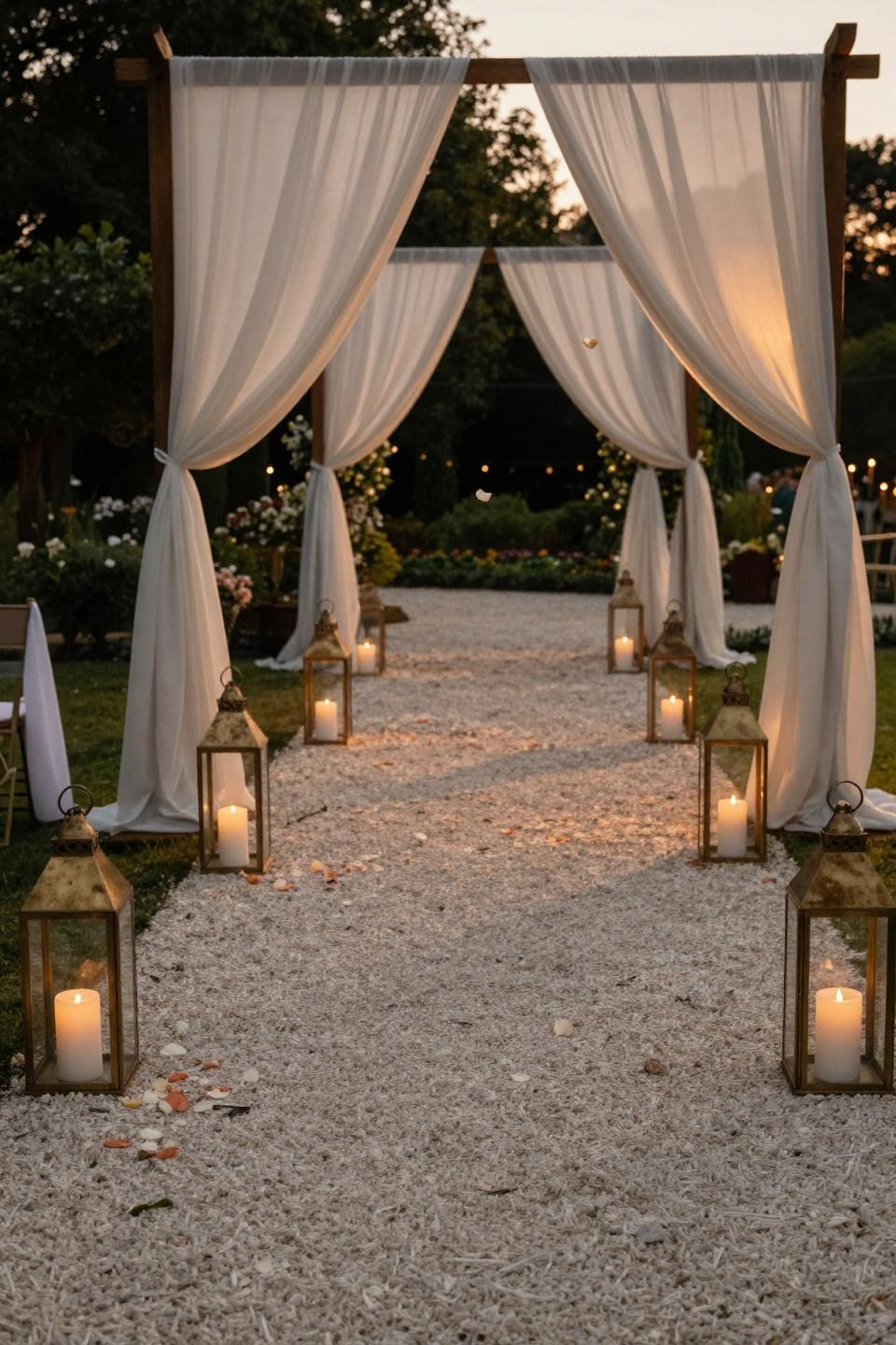 Wedding reception backdrop style with cream gravel path and hurricane lanterns