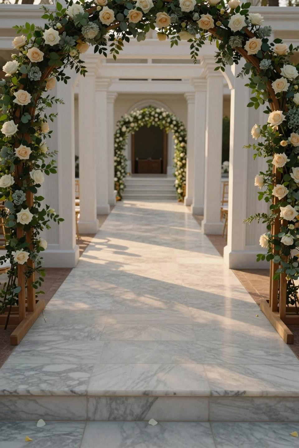 Wedding entrance ideas with Calacatta Gold marble and white oak frame with roses