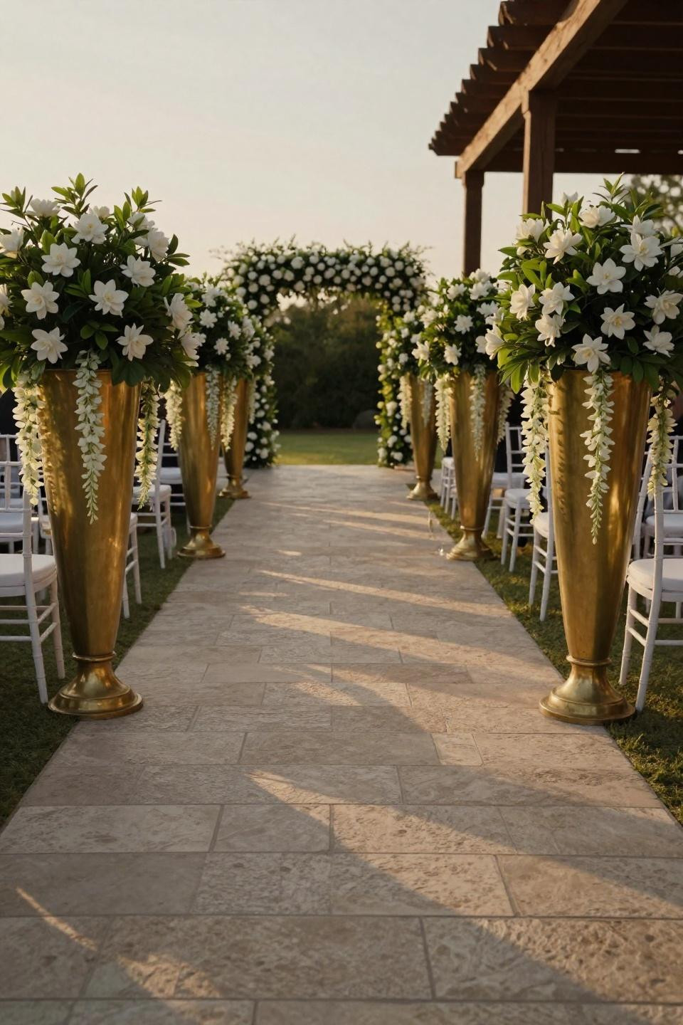 Pathway decor wedding with travertine stone and overflowing brass planters