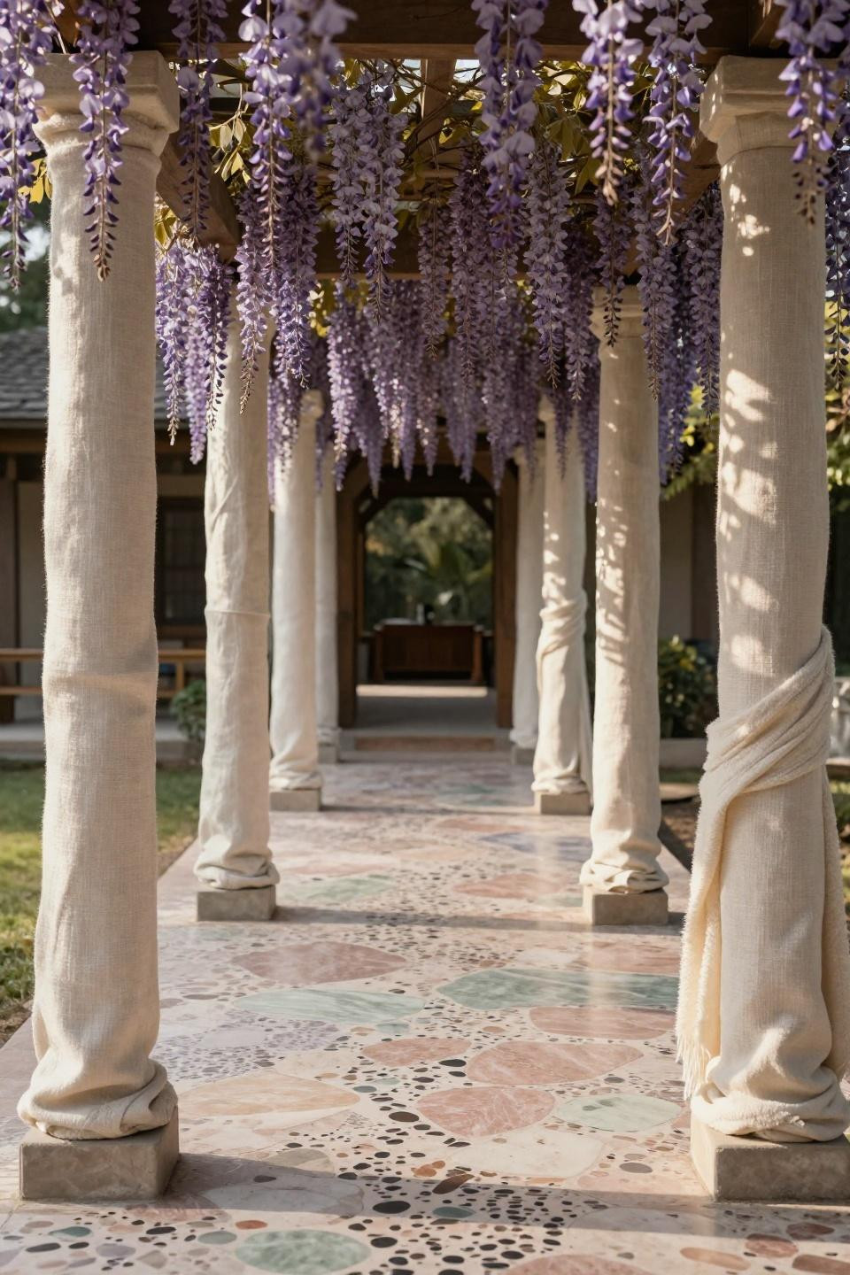 Wedding pathway decor featuring terrazzo with blush marble chips and cascading wisteria