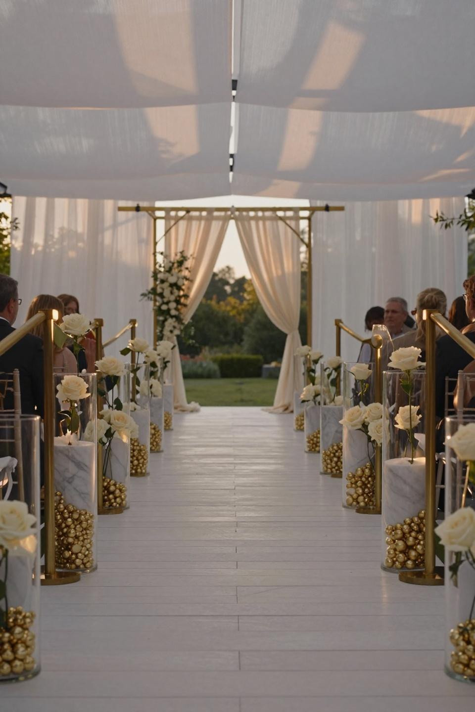 Outdoor wedding entrance with white oak pathway and glass vases filled with marble chips
