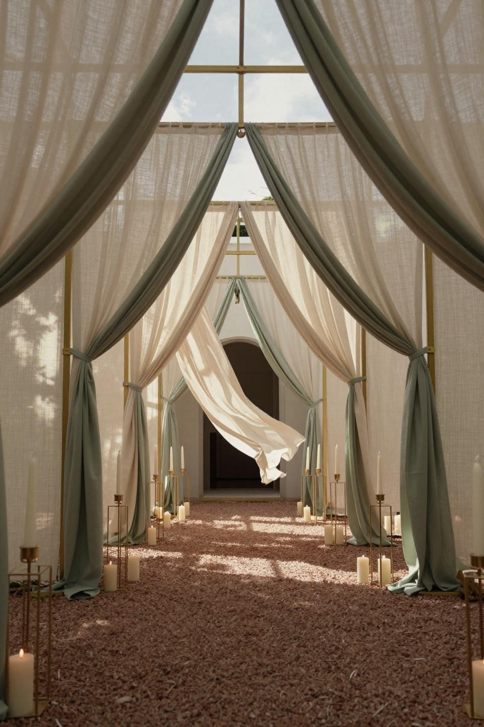 Wedding walkway outdoor with cream and sage linen creating luminous corridor effect