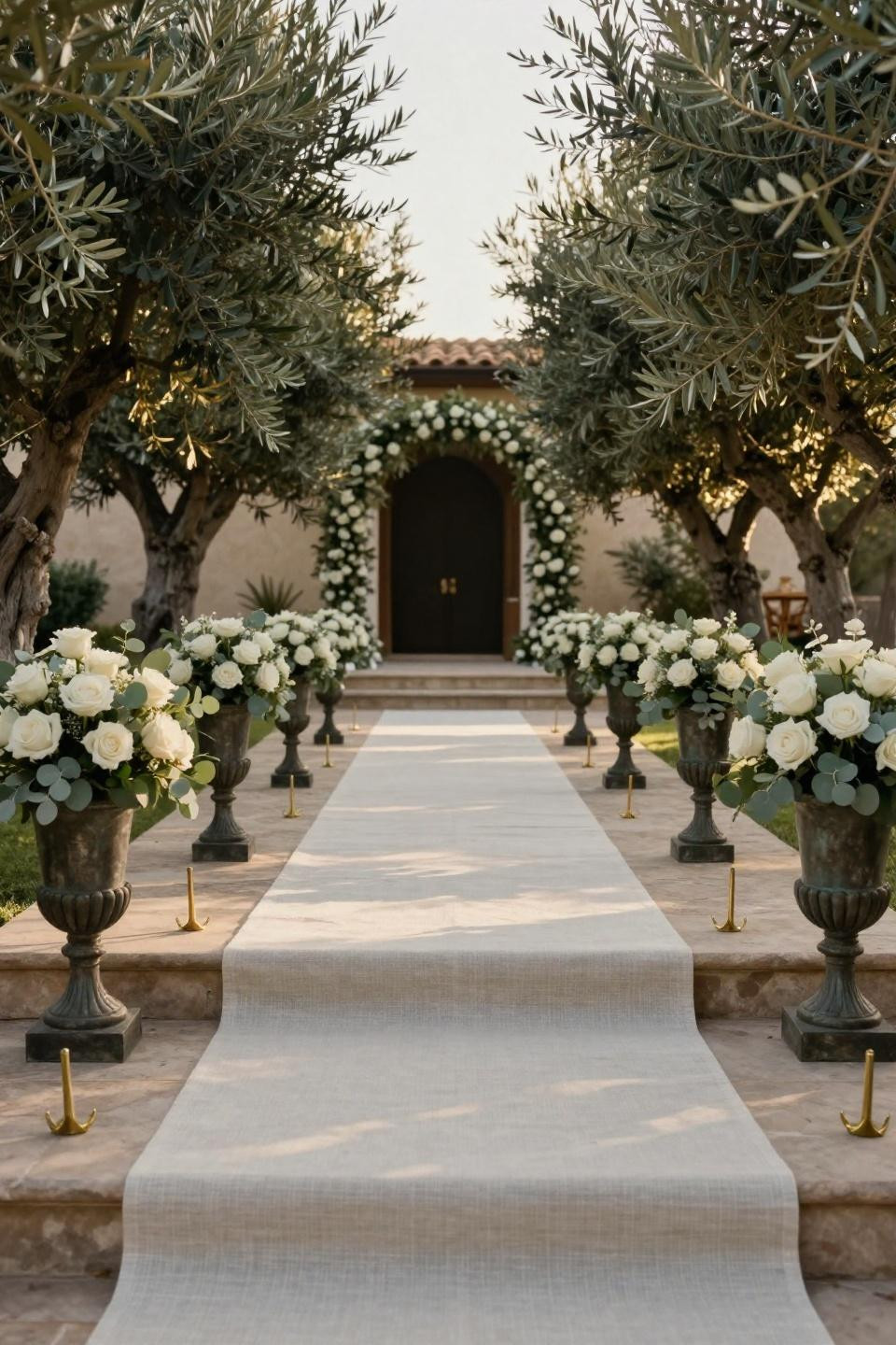 Outdoor wedding aisle with champagne linen runner and sculptural bronze urns