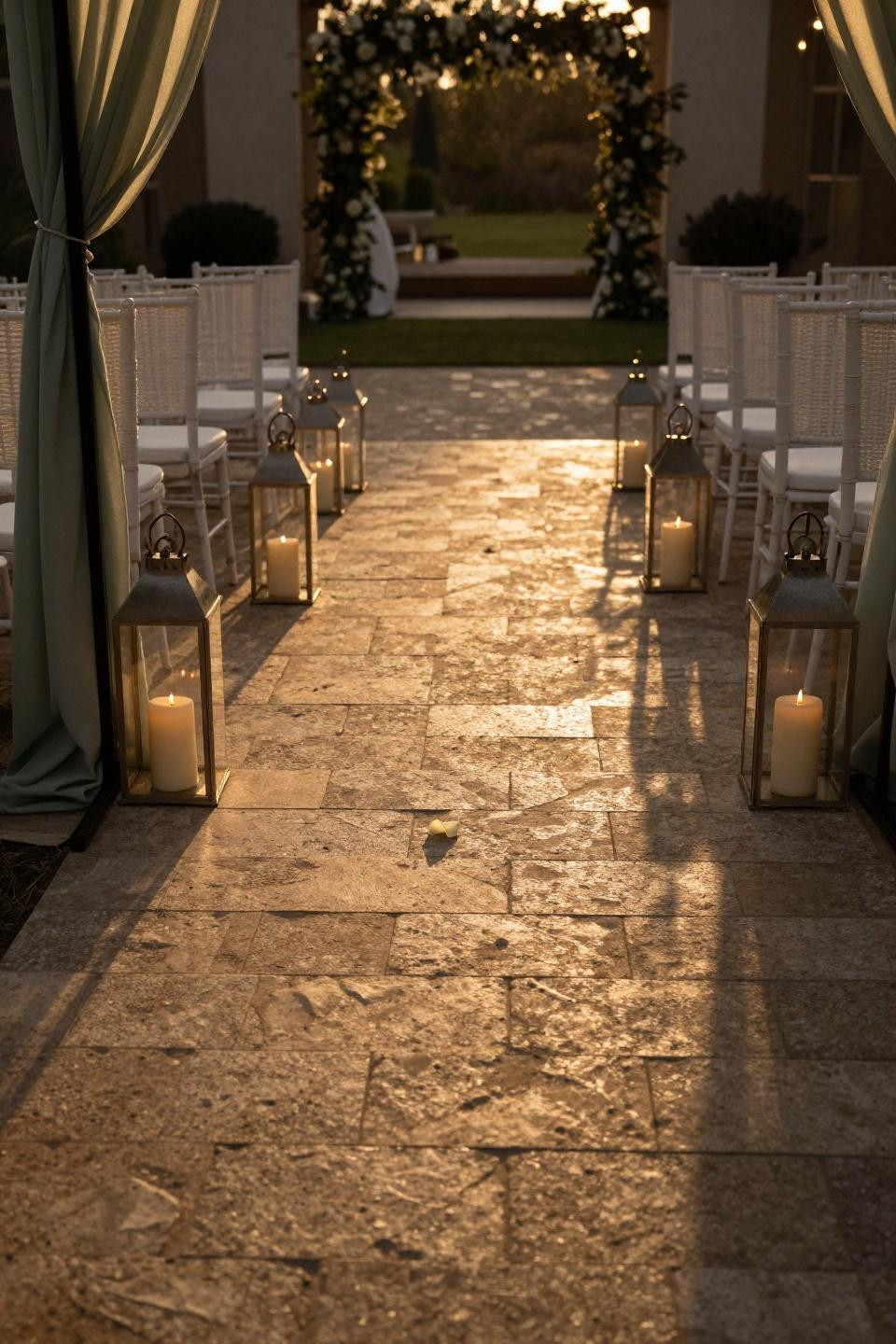 Wedding walkway with travertine pavers and glass hurricane lanterns at golden hour