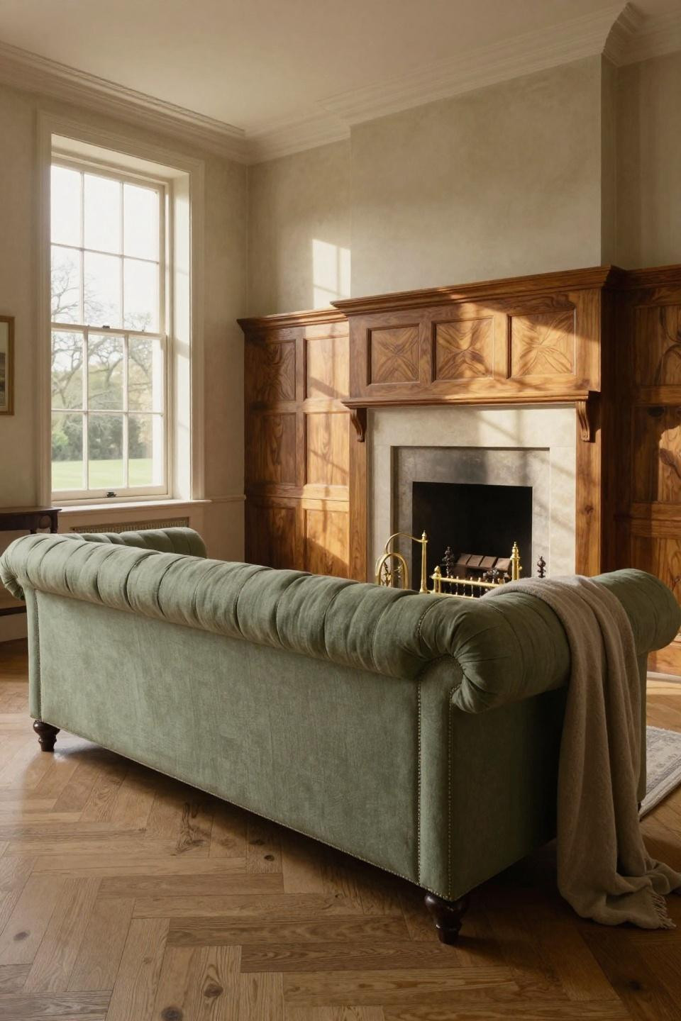 Cosy Cottage Living Room with sage green linen Chesterfield and oak herringbone floor