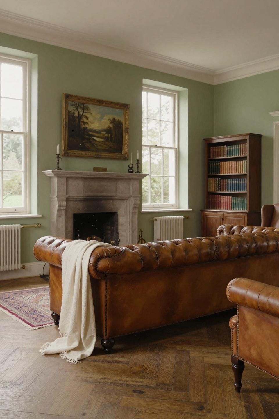 Cosy Cottage Living Room with caramel leather Chesterfield and oil paintings