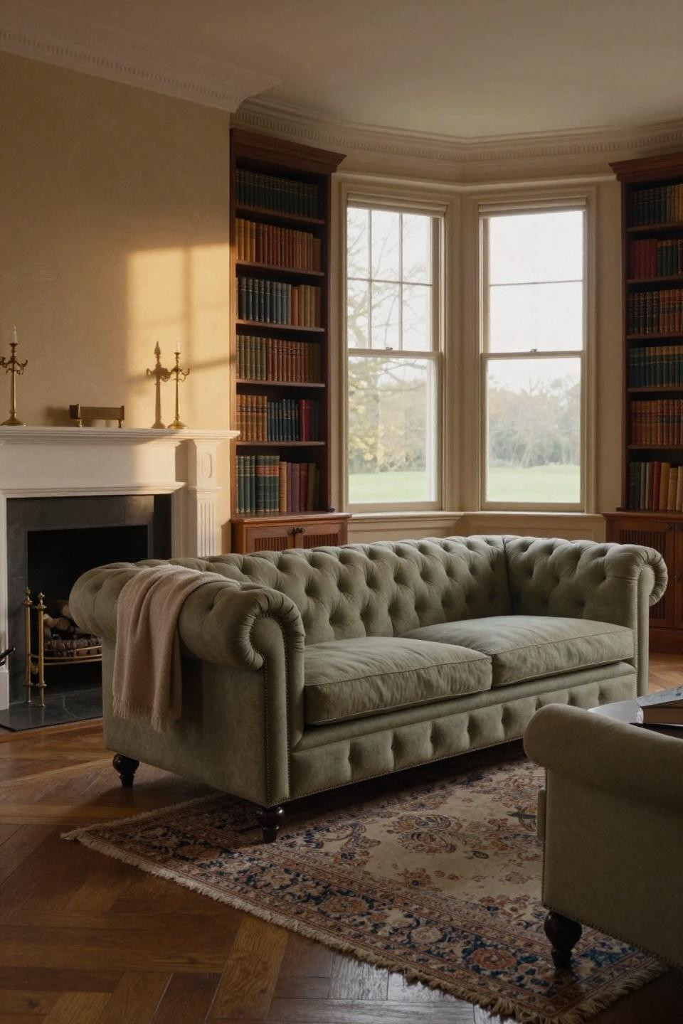 Cosy Cottage Living Room with sage Belgian linen Chesterfield and Venetian plaster fireplace