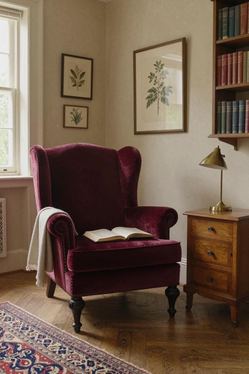 Cosy Cottage Living Room with burgundy velvet wingback and botanical prints