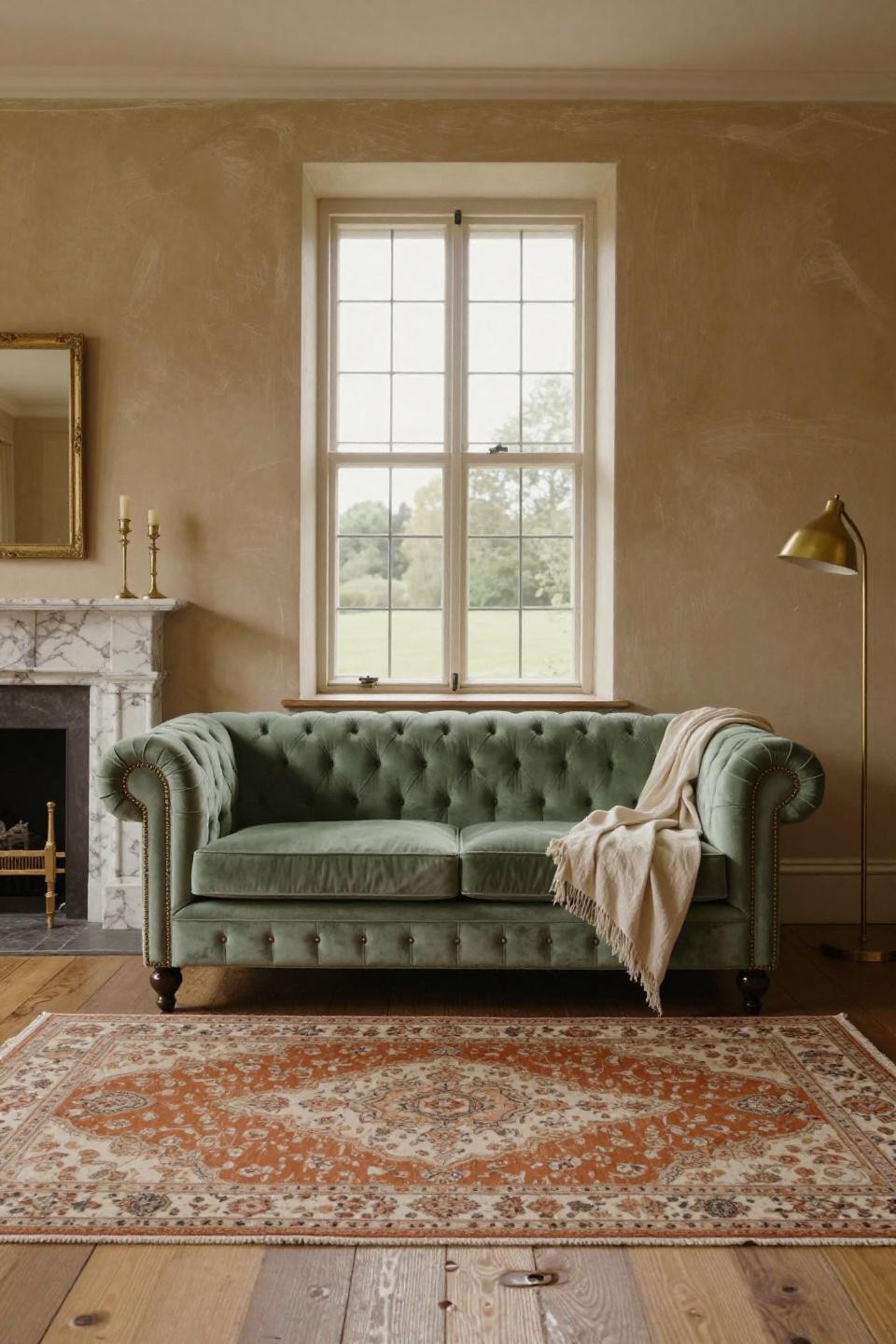Cosy Cottage Living Room with sage green velvet Chesterfield and clay walls