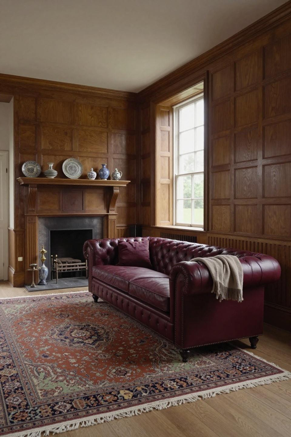 Cosy Cottage Living Room with burgundy Chesterfield and Persian rug
