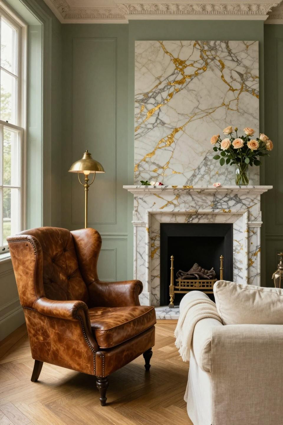 Cosy Cottage Living Room with worn leather wingback and Calacatta Gold fireplace