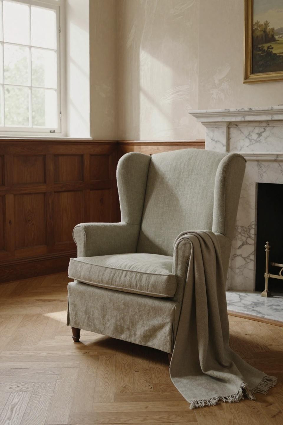 Cosy Cottage Living Room with sage linen wingback and Carrara marble fireplace