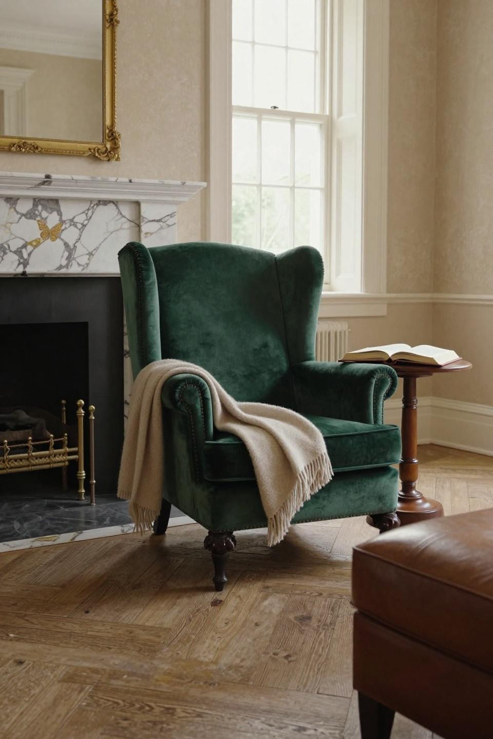 Cosy Cottage Living Room with forest green velvet wingback and Calacatta Gold fireplace