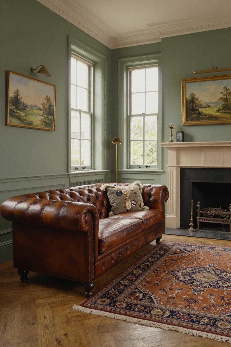 Cosy Cottage Living Room with cognac leather Chesterfield and sage walls