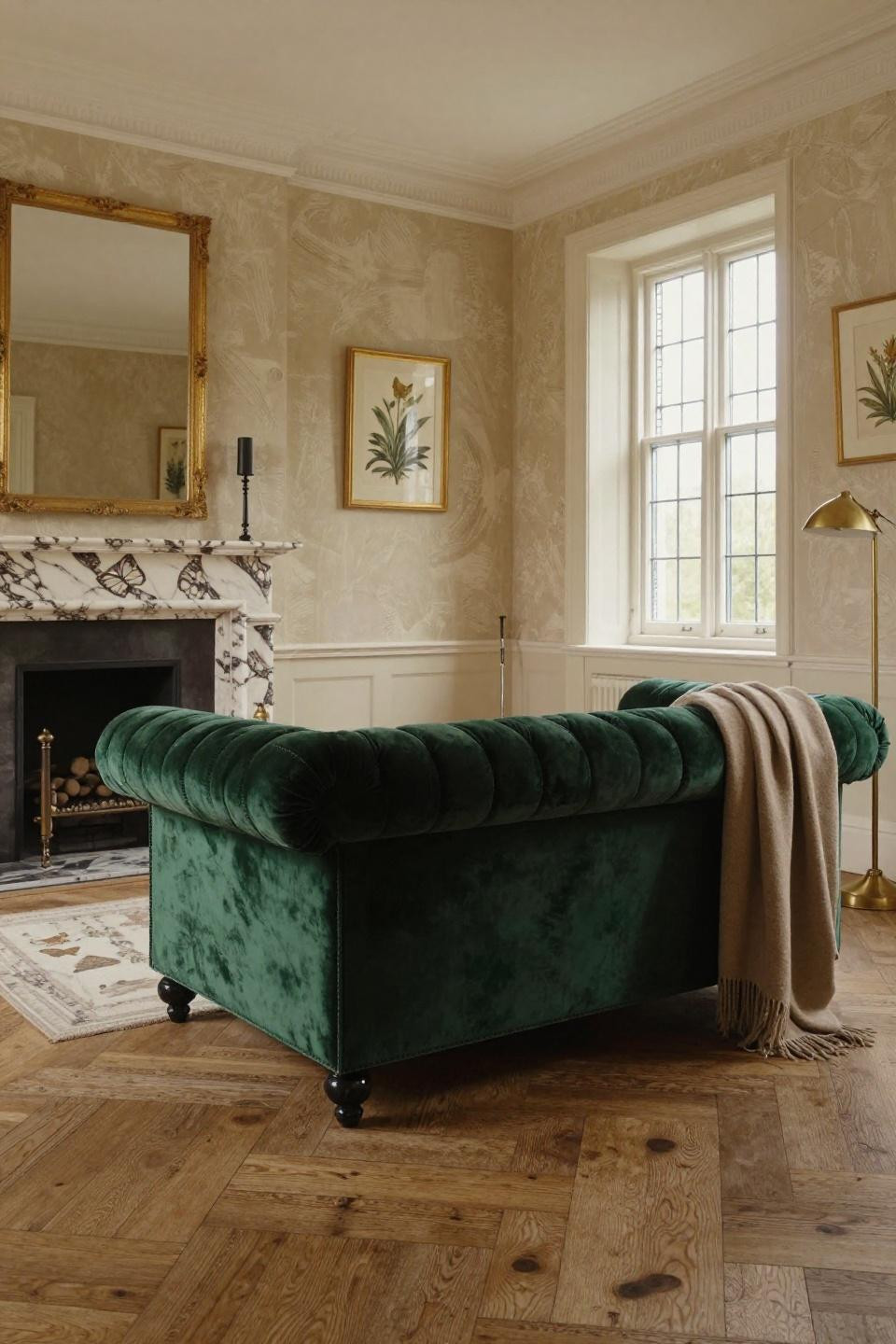 Cosy Cottage Living Room with emerald velvet Chesterfield and Calacatta Gold fireplace