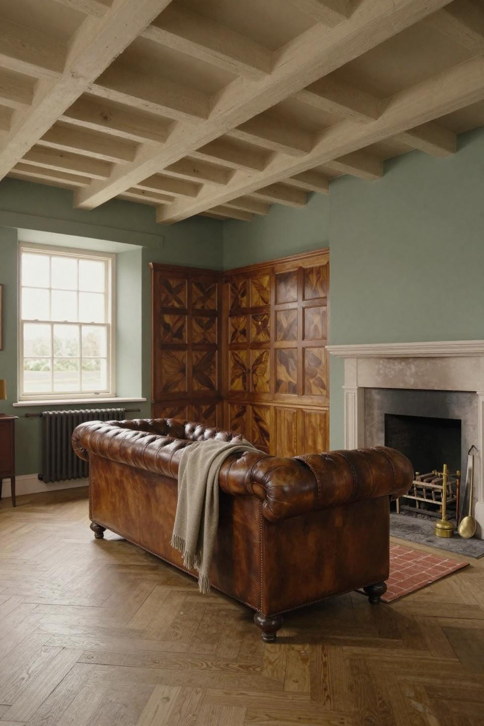 Cosy Cottage Living Room with aged leather Chesterfield and walnut paneling
