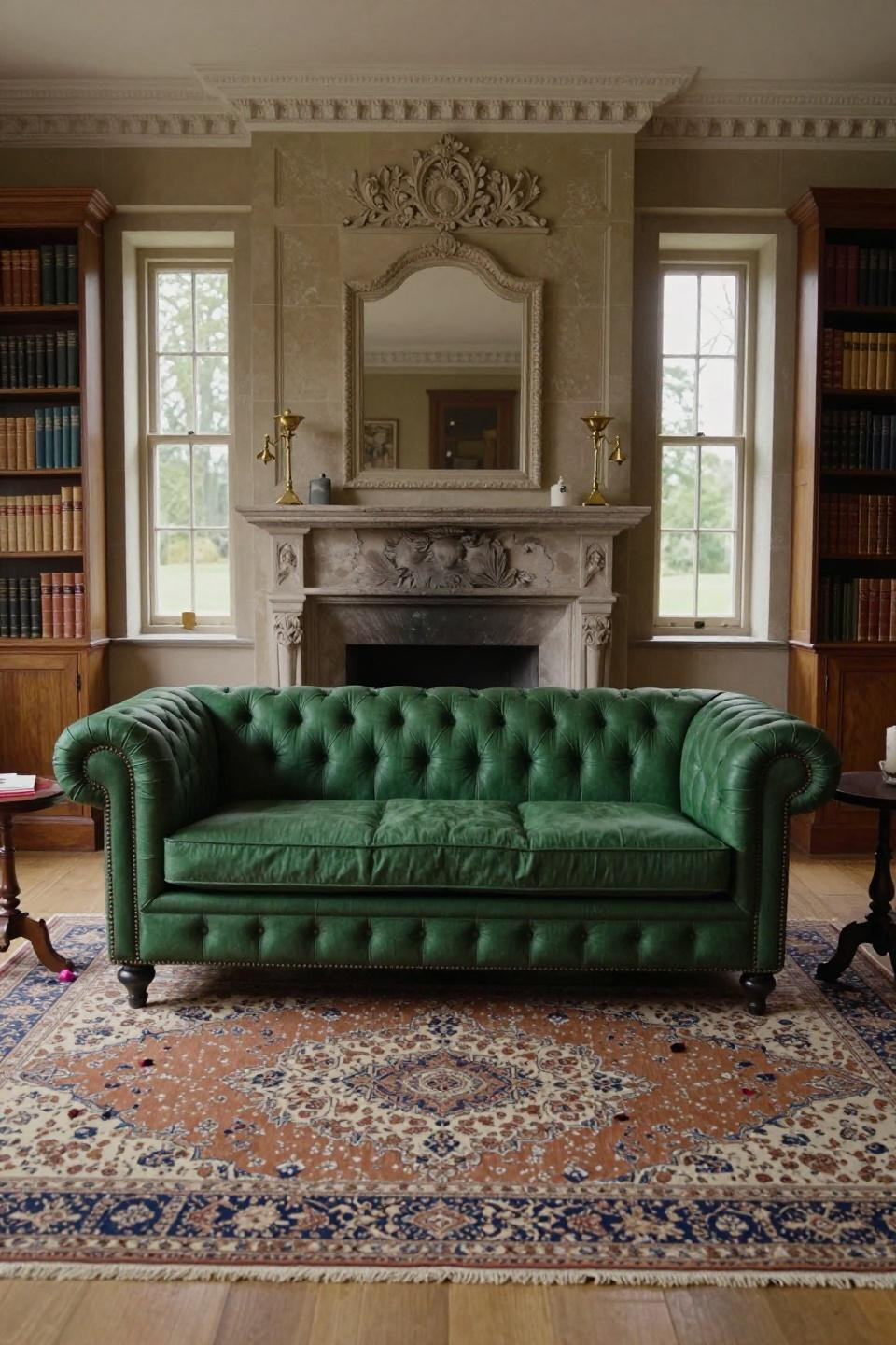 British Cottage Interior with heritage green Chesterfield and walnut bookshelves