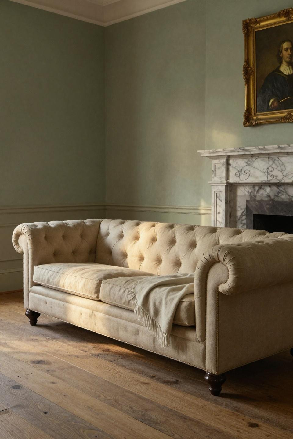 English Country Style Living Room with Venetian plaster walls and Chesterfield sofa