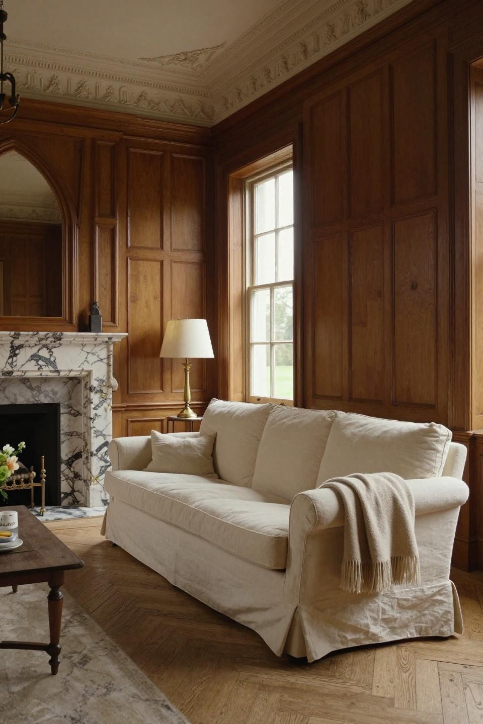 English Countryside House Interior with Calacatta Gold marble and walnut panels