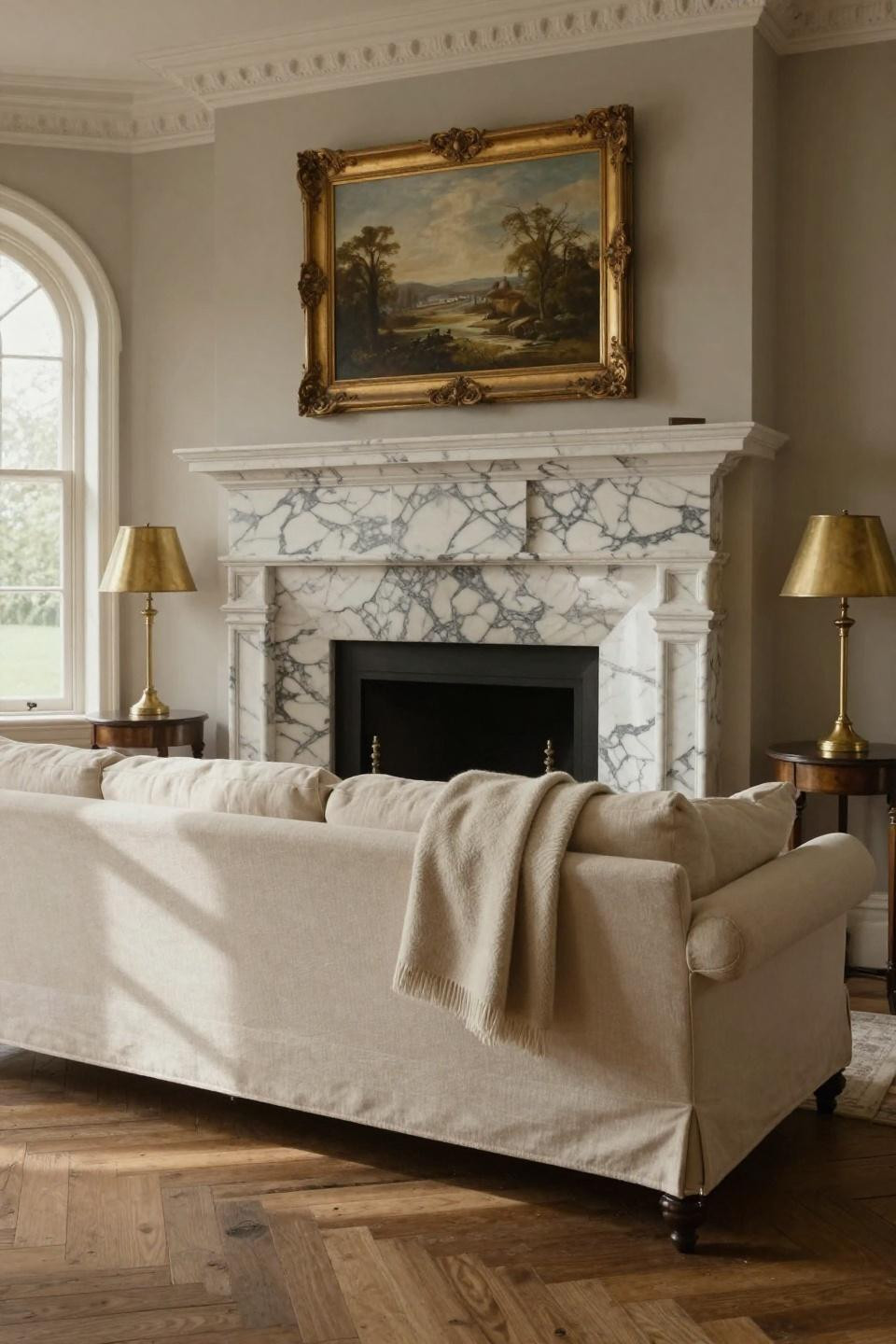 British Style Home with cream linen sofa and Carrara marble fireplace