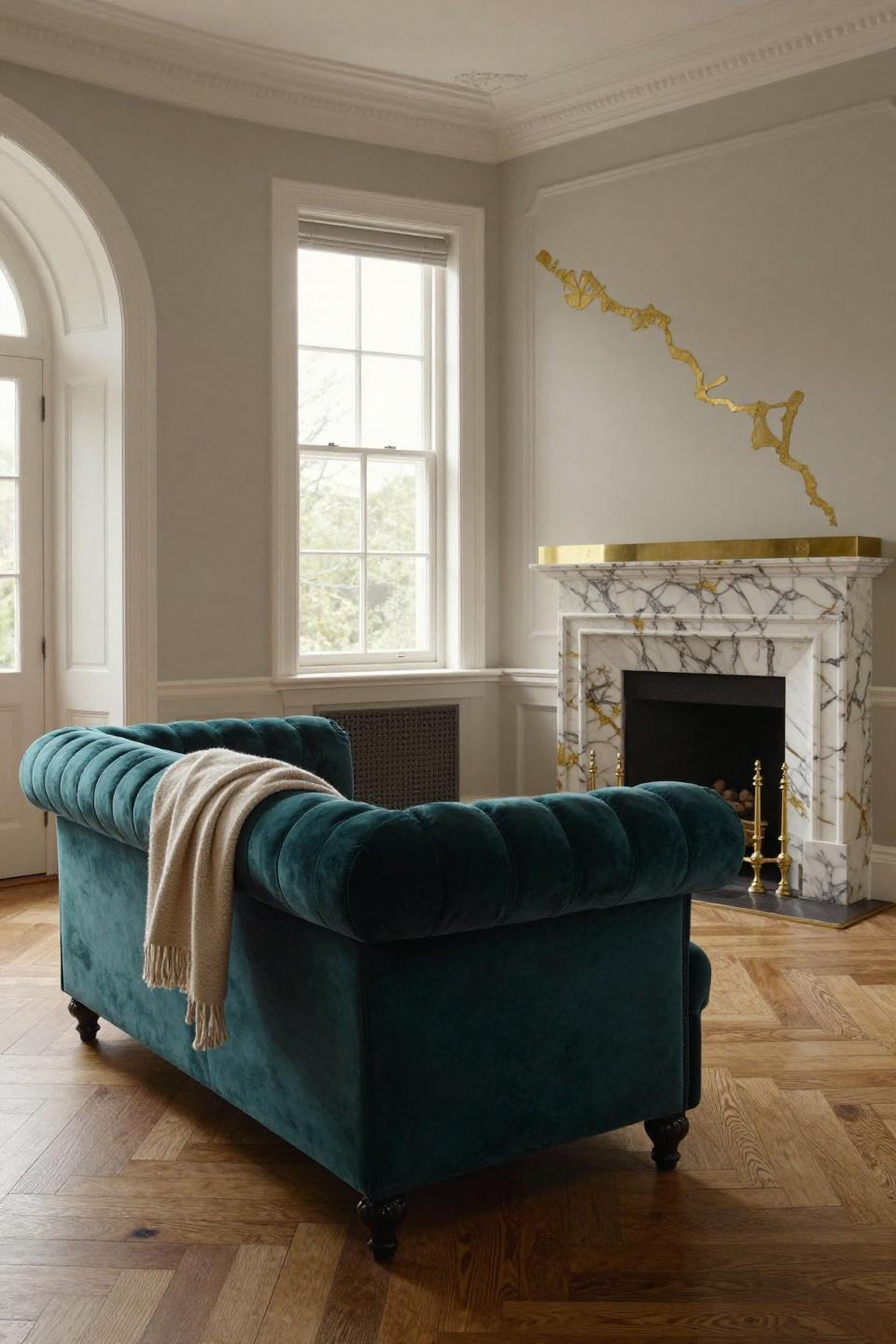 Cozy English Cottage Living Room with teal velvet Chesterfield and marble fireplace