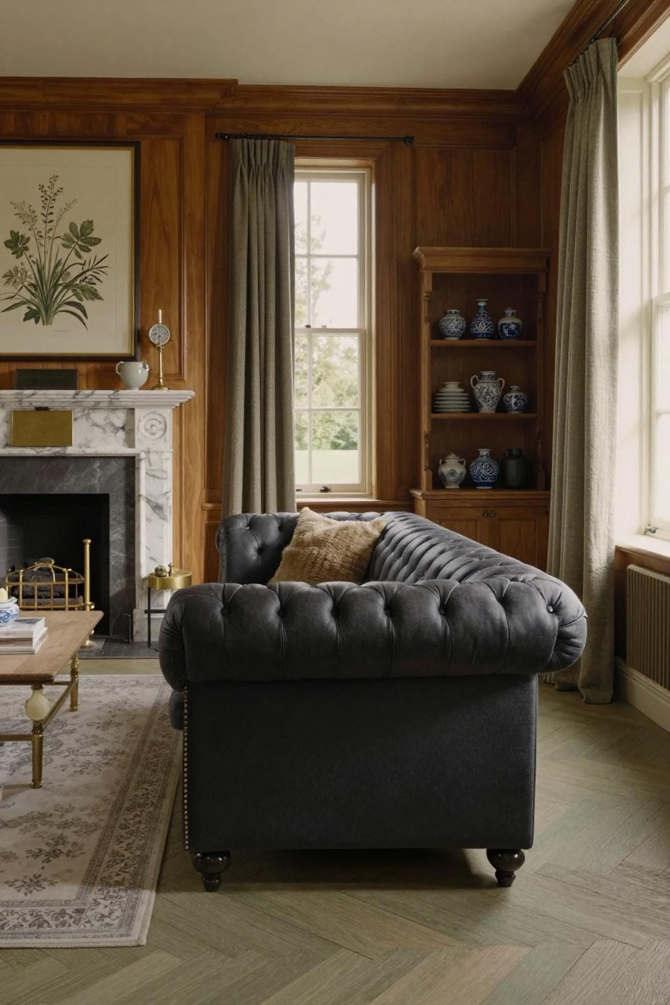 English Country Interior Design with Chesterfield sofa and botanical prints