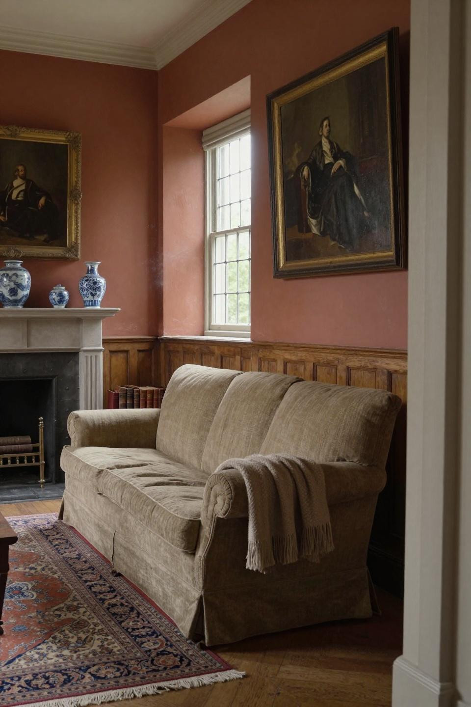 English Farmhouse Interior with terracotta walls and hand-knotted Persian rug