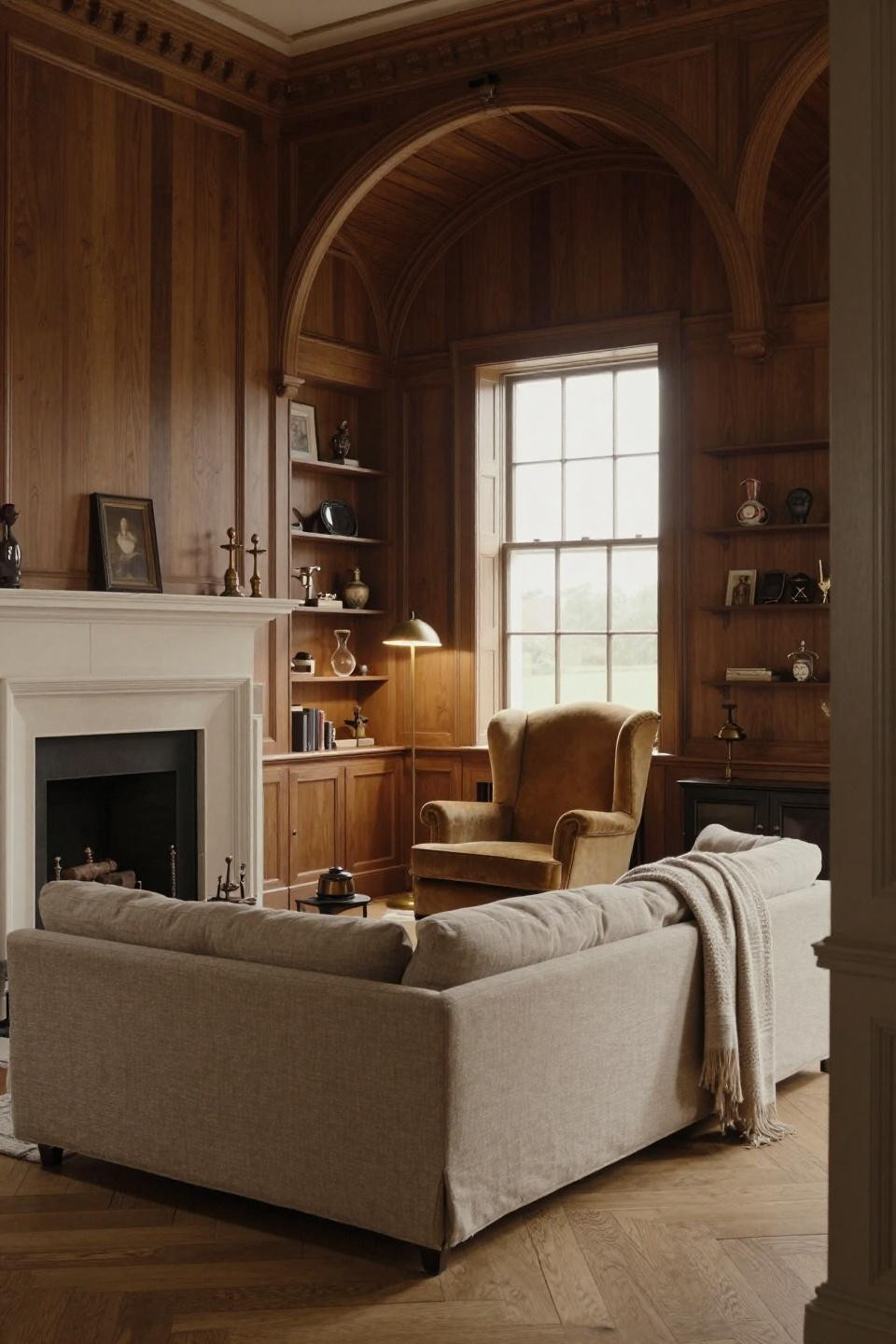 Modern English Cottage Interior with book-matched walnut paneling and Belgian linen sofa