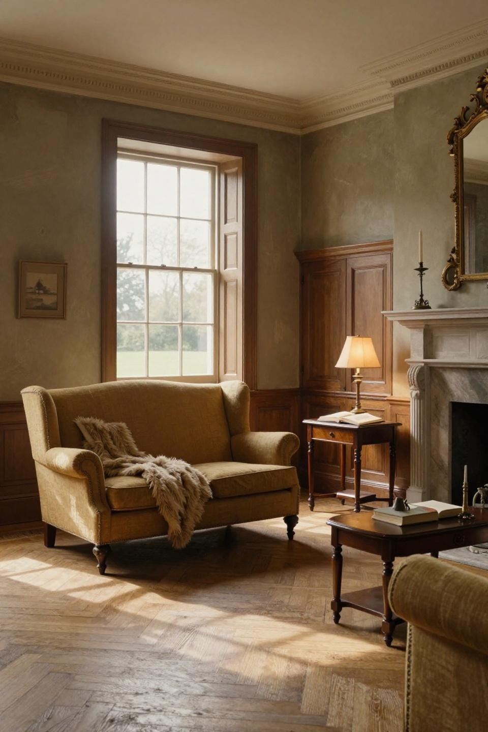 Old English Cottage Interior with Georgian drawing room and honey wingback sofa