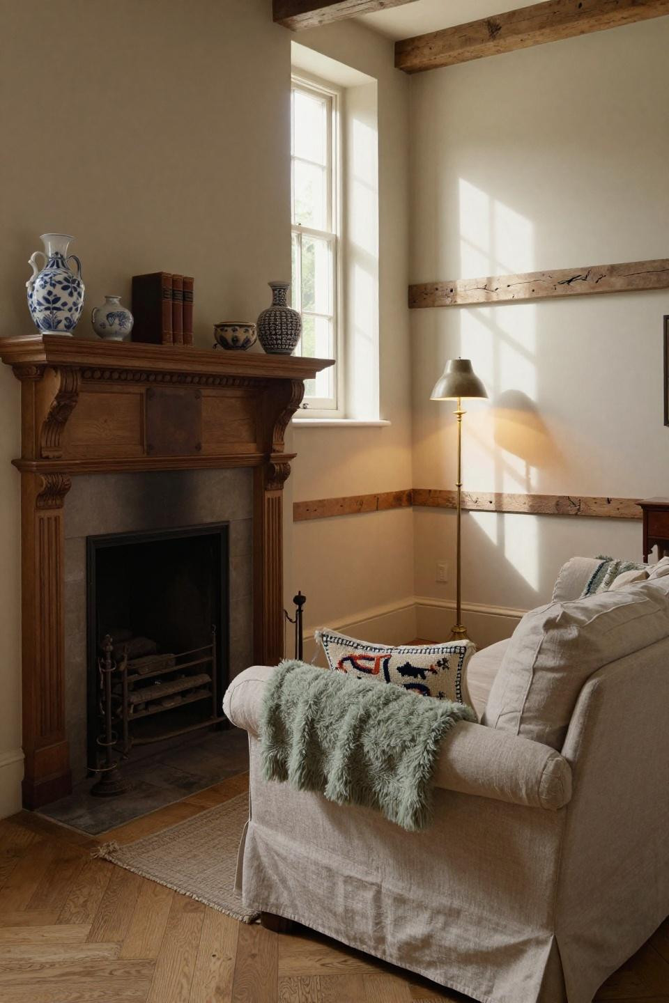 English Country House Interior with walnut fireplace and sage cashmere throw