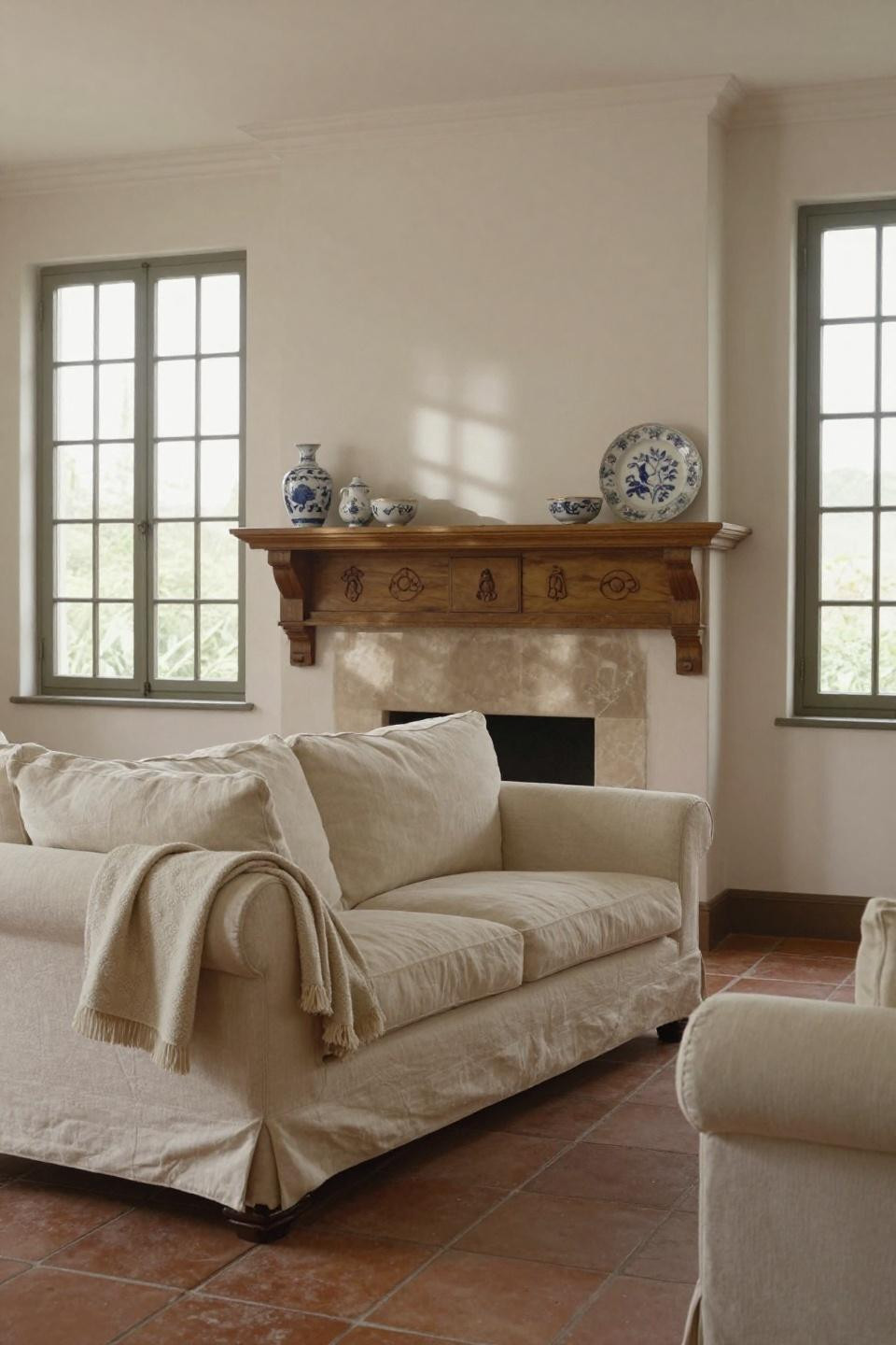 English Cottage Style featuring carved oak mantel and Venetian plaster