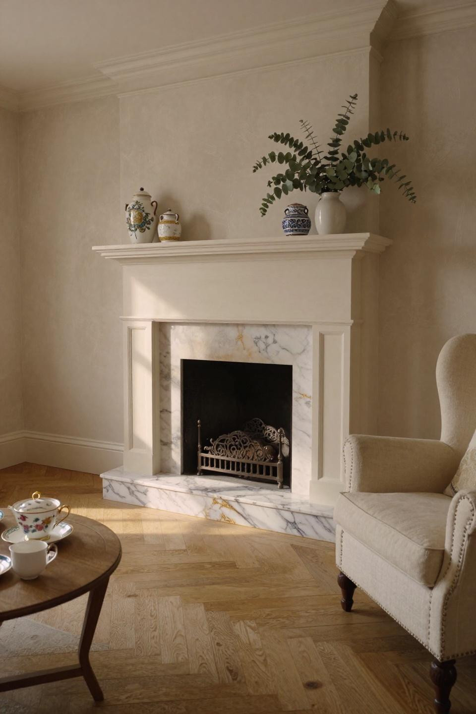 Cosy Cottage Living Room featuring painted mantelpiece and marble hearth