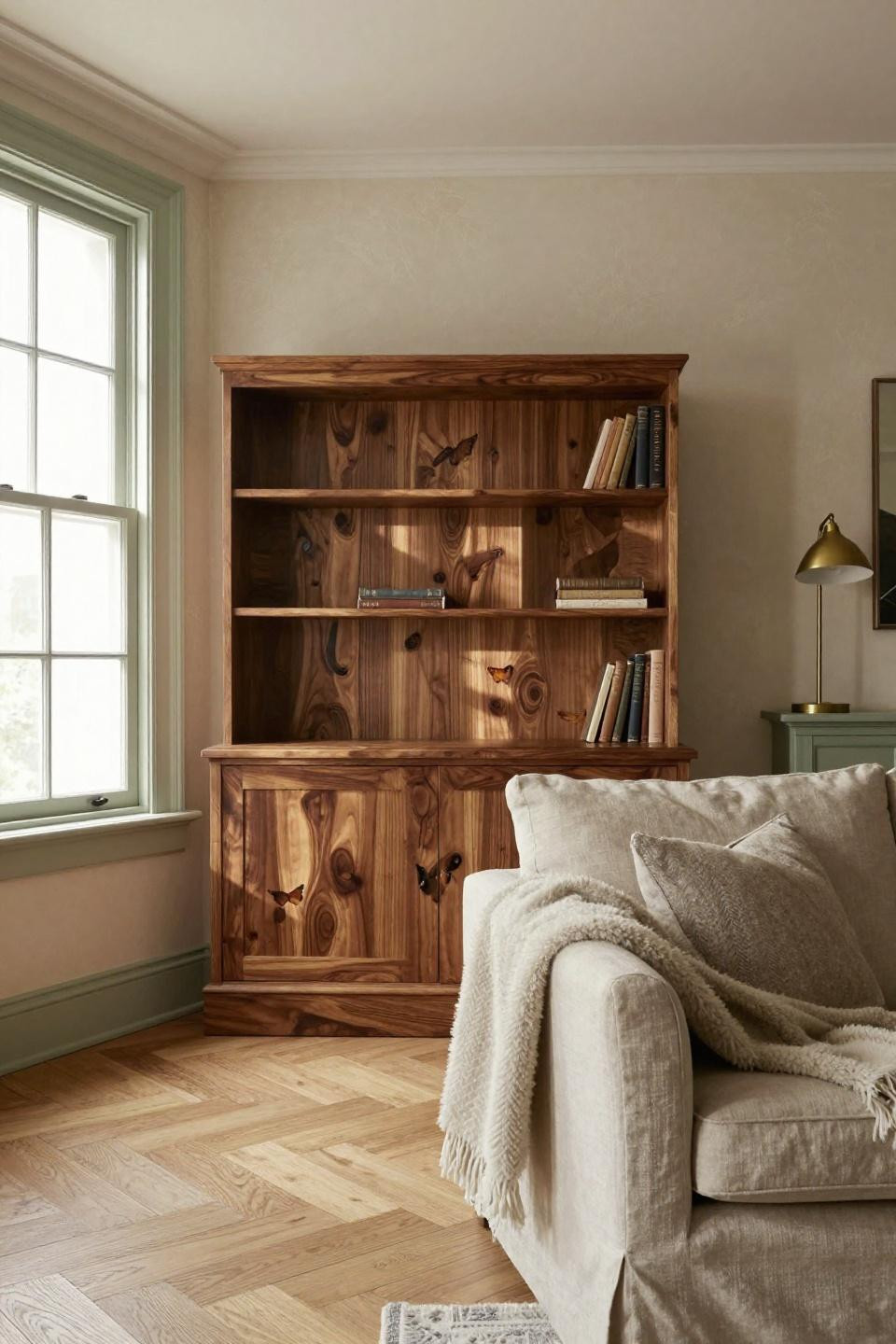 English Cottage Style living room with walnut bookcase