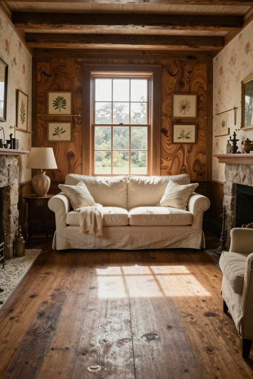 English Cottage Aesthetic featuring walnut paneling and bay window